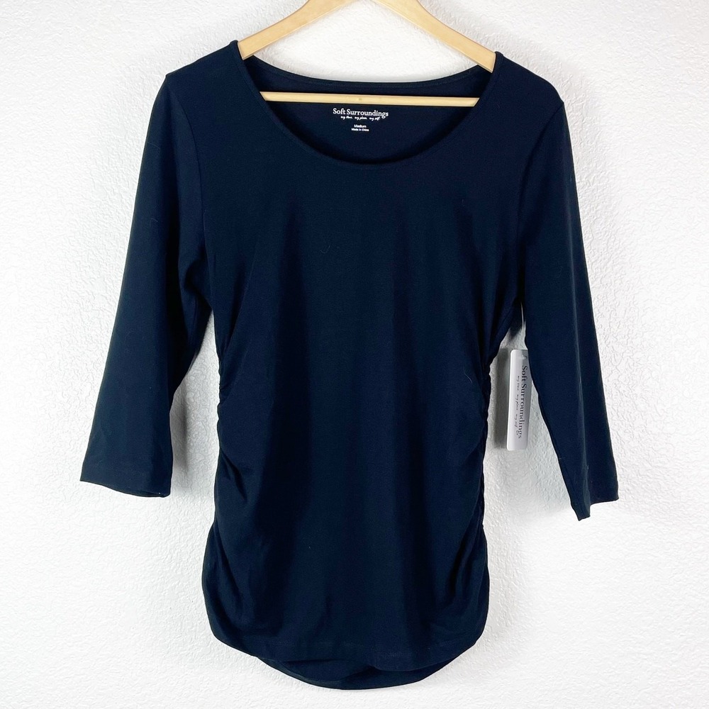 Soft Surroundings Women's Black Ruched 3/4 Shirt Top NEW w Tag Size Medium